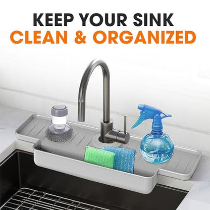 Cheer Collection Silicone Draining Mat - Kitchen Sink Splash Guard with Anti-Slip Features & Upgraded Water Catcher Tray, Gray