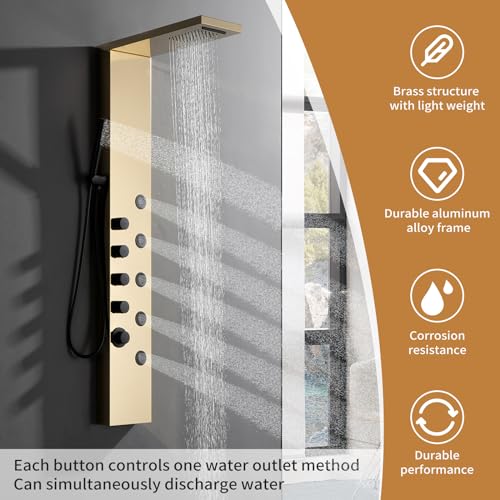 Brushed Gold Stainless Steel Rainfall Shower Panel, Wall Mount Shower Tower, 5 High Pressure Body Jets, Gold - color: Gold