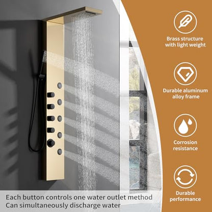 Brushed Gold Stainless Steel Rainfall Shower Panel, Wall Mount Shower Tower, 5 High Pressure Body Jets, Gold - color: Gold