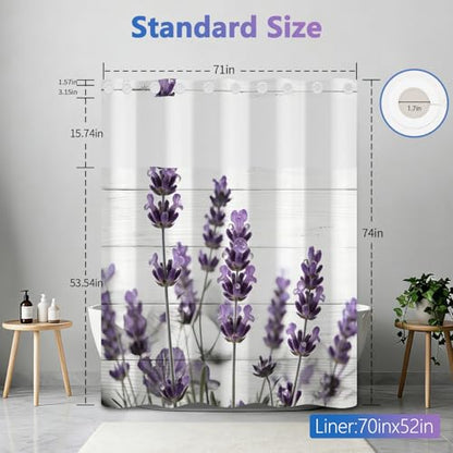 No Hook Lavender Shower Curtain with Liner, Bathroom Hook-free Shower Curtain and Snap in Liner Set, Farmhouse Bathroom Waterproof Shower Curtains with Sheer Top Window and Weighted Hem, 71x74 Inches - color: Dewy Lavender