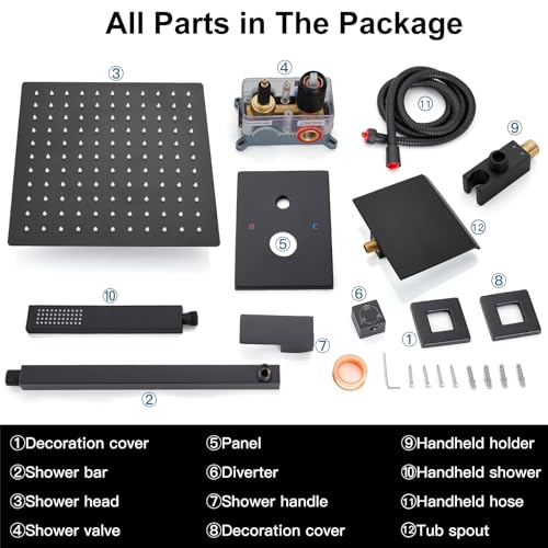 Midanya Shower System with Tub Spout,Bathtub Shower Faucet Set with Square Rainfall Head and Handheld Sprayer Wall Mount Tub Faucet Set with Valve and Trim Kit,10 Inch Matte Black - color: Matte Black, size: 10 Inch