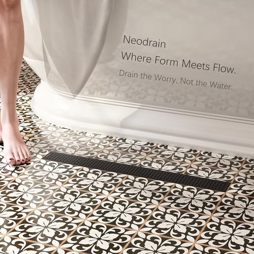 Neodrain 28" Linear Shower Drain, Matte Black 304 SS Bathroom Linear Drain | Black Shower Drain with Quadrato Grate& Adjustable Feet, Long Rectangle Shower Floor Drain in Bathroom, Balcony etc,cUPC - color: Matte Black, size: 28 In