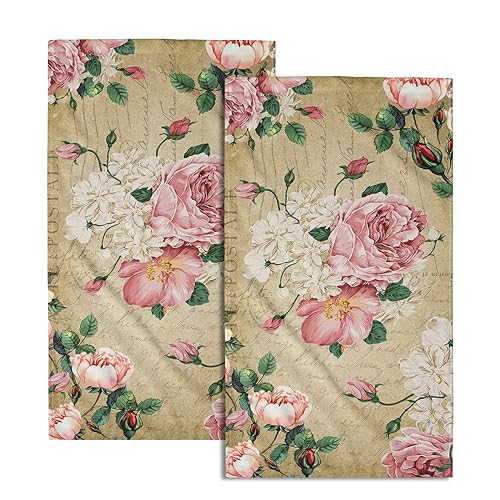 Giwawa Vintage Rose Floral Hand Towels, 15x30 in Set of 2, Retro Pink Flower Leaves Stamp Hair Face Towel Soft Highly Absorbent Shabby Chic Beige Fingertip Towel for Bathroom Girl Woman Guest Gifts - color: Rose