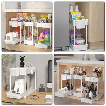 Sevenblue 3 Pack Under Sink Organizers, 2-Tier Multi-Use Kitchen and Bathroom Organizers and Storage with Sliding Drawers, Bathroom Cabinet Organizer (White, 14.8 Inch) | Multi-use kitchen & bathroom storage, 14.8 inch white cabinet organizer, space-savin