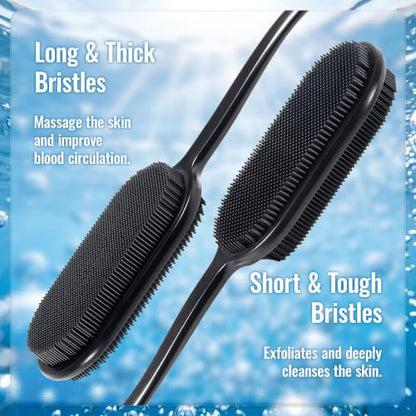 Silicone Back Scrubber for Shower, Bath Brush with Long Handle | Exfoliating & Lathering Body Scrubber Shower Brush - color: Black
