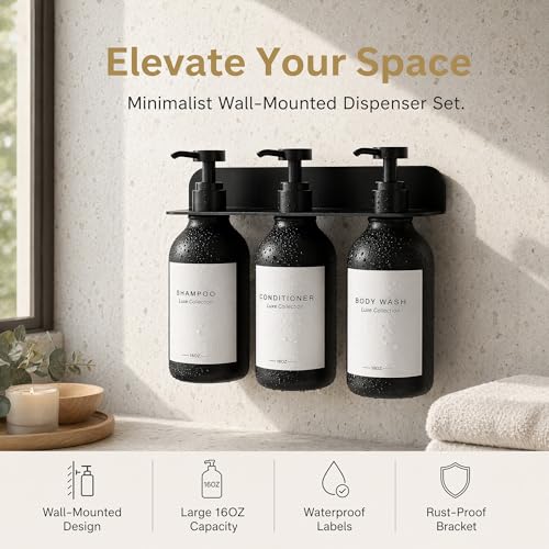 Refillable Shampoo and Conditioner Dispenser Set of 3 - Wall Mounted No Drill Pump with Bottles, 3 Chamber for Shower Soap and Body Wash Dispensers with Labels, Matte Black Bottle for Bathroom (16oz)
