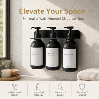 Refillable Shampoo and Conditioner Dispenser Set of 3 - Wall Mounted No Drill Pump with Bottles, 3 Chamber for Shower Soap and Body Wash Dispensers with Labels, Matte Black Bottle for Bathroom (16oz)