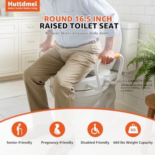 Huttdmel Round Raised Toilet Seat with Handles, 2.8" Elevated Toilet Seat Riser, Soft Close, Quick Release, Non-Slip Heavy Duty Bathroom Safety Seat for Seniors, Elderly, Disabled & Post Surgery