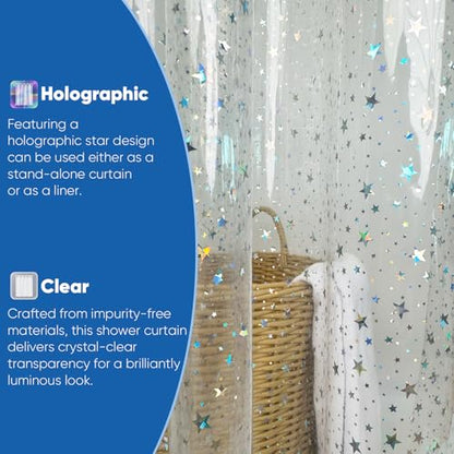 Holographic PEVA Shower Curtain Liner, Glitter Star, 70x72 in, 1-Pack | Waterproof Clear Plastic, 3 Bottom Magnets, 12 Rustproof Grommets, Color-Changing Effect, For Stalls and Tubs - color: Star