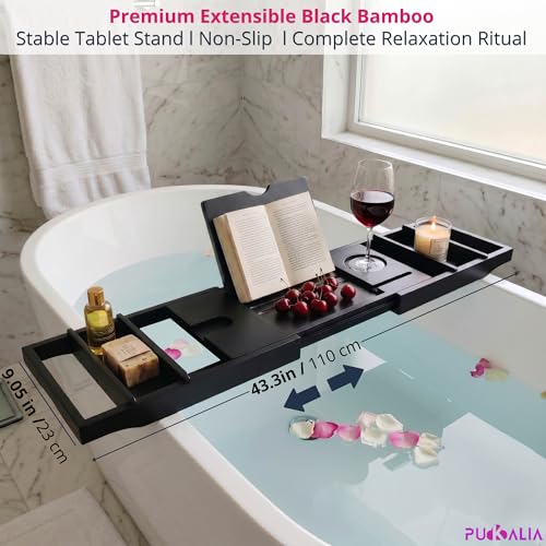 Bath Tray for Tub and Ergonomic Pillow Premium - Caddy Expandable 29 to 42.5 Inch -Foldable Bamboo Wood Tub Organizer - Luxury Bathtub Tray Wood Bamboo - color: Black