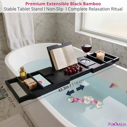 Bath Tray for Tub and Ergonomic Pillow Premium - Caddy Expandable 29 to 42.5 Inch -Foldable Bamboo Wood Tub Organizer - Luxury Bathtub Tray Wood Bamboo - color: Black