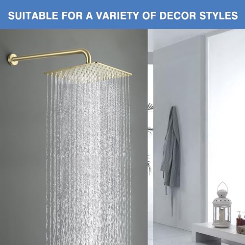 Solid Metal Large Rain Shower Head, Square High Flow Ceiling Rainfall Shower Head with Shower Arm and Flange, Reinforced Explosion-Proof Stainless Steel Construction (12-Inch, Brushed Gold) - color: Brushed Gold, size: 12 Inch