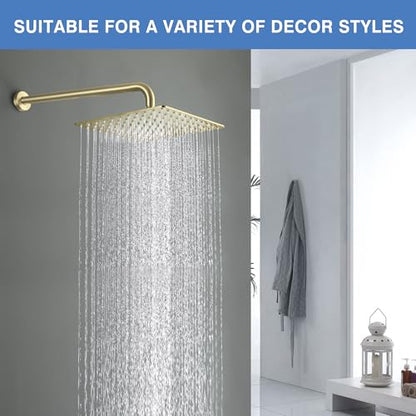 Solid Metal Large Rain Shower Head, Square High Flow Ceiling Rainfall Shower Head with Shower Arm and Flange, Reinforced Explosion-Proof Stainless Steel Construction (12-Inch, Brushed Gold) - color: Brushed Gold, size: 12 Inch