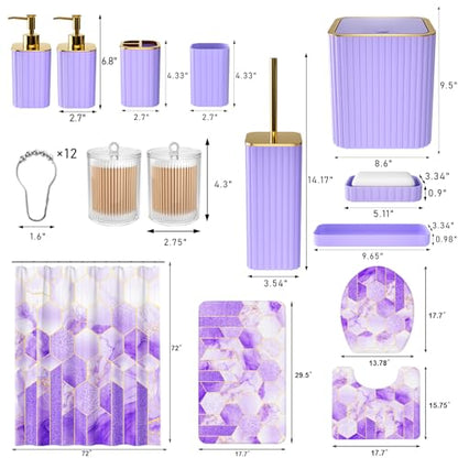 XLHOMO Bathroom Set - 26PC Bathroom Set with Shower Curtain and Rugs, Bathroom Accessory Set, Purple Bathroom Accessories Set, Trash Can & Soap Dispenser - style: Purple&Gold