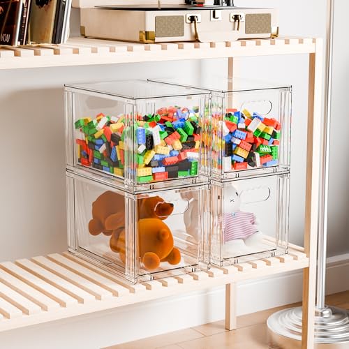 4 Pack Large Stackable Storage Drawers,11″Deep Under Cabinet Organizer,Baby Bottle Organizer,Clear Stacking Pull Out Drawer,Acrylic Storage Containers Bins for Organizing Snack,Medicine,Makeup