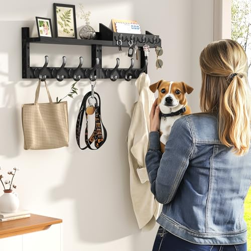 Evermagin 29" Coat Rack Wall Mount with Shelf & 11 Hooks, Entryway, Black | Wooden Wall Mounted Coat and Key Rack with Hooks, Key Hanger with Mail Holder for Living Room, Mudroom, Bedroom - color: Black, size: 29 inch