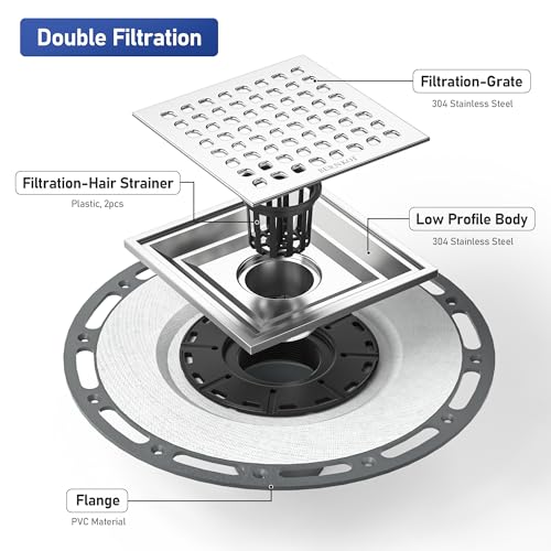 Square Shower Drain w/PVC Bonding Flange Base, 6" Brushed | 304 Stainless Steel Drain w/ Drain Key for Low Profile Shower Tiles, CUPC Certified - color: Brushed6"