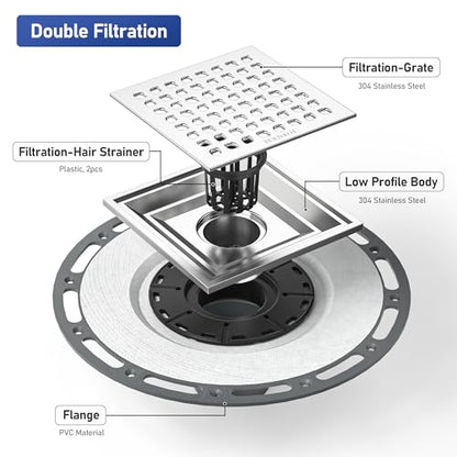 Square Shower Drain w/PVC Bonding Flange Base, 6" Brushed | 304 Stainless Steel Drain w/ Drain Key for Low Profile Shower Tiles, CUPC Certified - color: Brushed6"