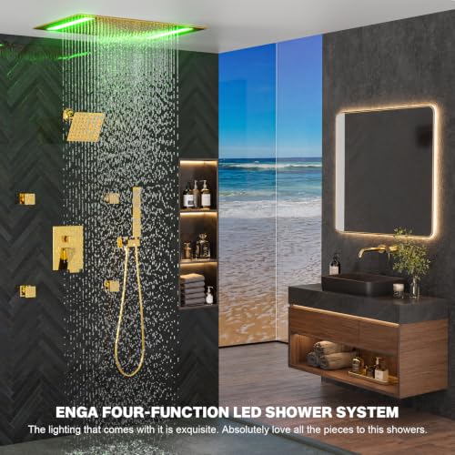 ENGA Bright Gold Dual Rain LED Shower System, 14"x20" Shower Head + 6" Wall Shower, 4 Body Jets with Individual On/Off & Adjustable Water Pressure, Rainfall Shower Faucet Set - color: Bright Gold, style: 14X20" Led Shower - Body Jets
