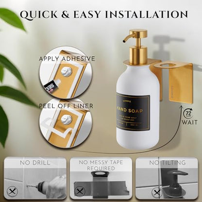 Shower Shampoo Dispenser Wall Mounted – Refillable 16.9 oz White Bottle with Stainless Steel Pump & No-Drill Adhesive Holder – Soap Dispenser for Bathroom (1 X White/Gold) - color: 1 X White/Gold