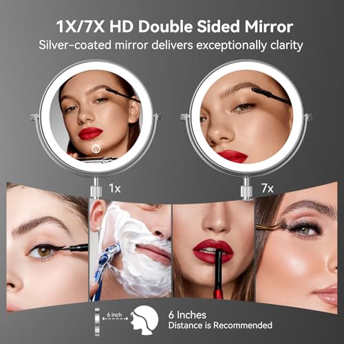 Nicesail LED 7X Make up Mirror, 8 Inch, 4000 mAh Rechargeable Chrome Finish | Mirror with Light of 3 Colors, Brightness Adjustable, Height Adjustable, Double Sided (8 Inch, 7X), Magnifying Lighted Makeup - color: Chrome-7x