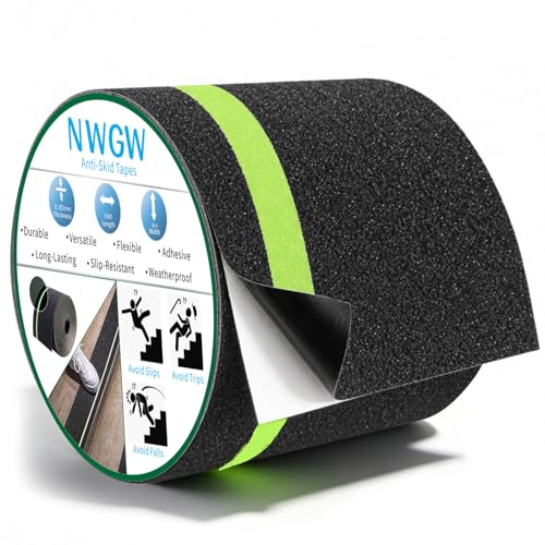 Glow in Dark Anti Slip Tape, 4" x50FT Heavy Duty Waterproof Safety Grip Tape for Stairs, Pool, Bathroom - Black & Glow Stripe Indoor/Outdoor Multi-Purpose Traction Tape - size: 4 Inch x 50 Feet