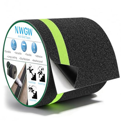 Glow in Dark Anti Slip Tape, 4" x50FT Heavy Duty Waterproof Safety Grip Tape for Stairs, Pool, Bathroom - Black & Glow Stripe Indoor/Outdoor Multi-Purpose Traction Tape - size: 4 Inch x 50 Feet