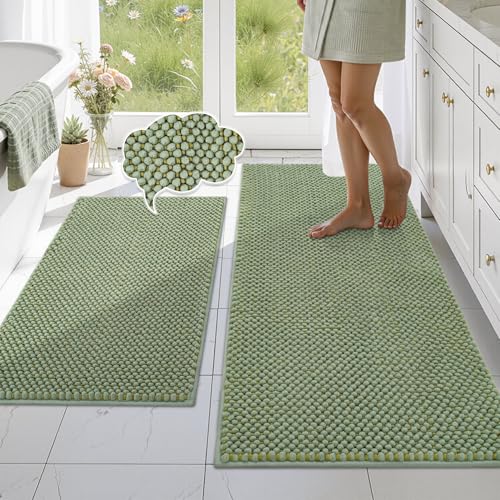 BSICPRO Bathroom Rugs Set 2 Piece, Thick Soft Multi-Color Chenille Absorbent Bath Mats, Non Slip Washable Bath Rugs, Shower Mat for Bathroom Decor (Sage and Mustard Green, 20" x 47" Plus 20" x 32") - color: Sage and Mustard Green, size: 20" x 47" Plus 20"