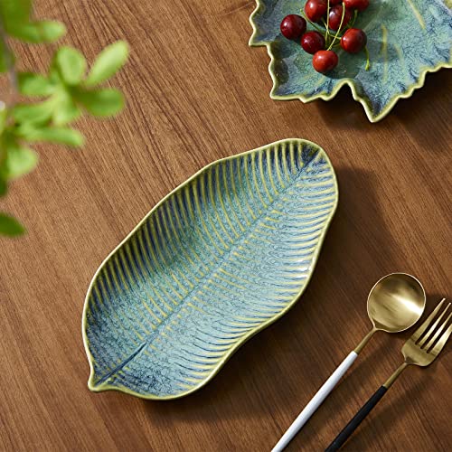 11" Green Ceramic Leaf Decorative Tray, Reactive Glaze Stoneware | Decorative Bowl, Handcrafted, Leaf-Shaped, For Entryway Table, Room Décor