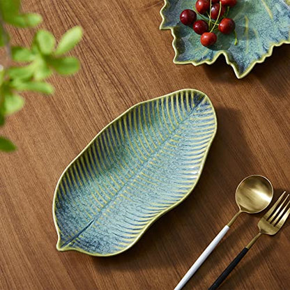 11" Green Ceramic Leaf Decorative Tray, Reactive Glaze Stoneware | Decorative Bowl, Handcrafted, Leaf-Shaped, For Entryway Table, Room Décor