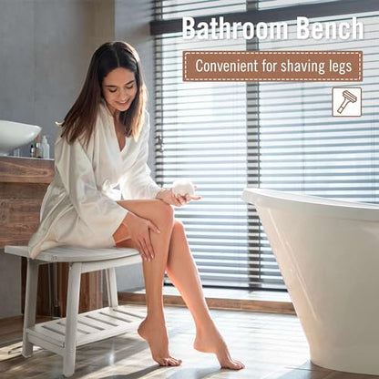 BRIOPAWS Shower-Bench-Seat-Waterproof | White Shower Stool-for-Inside-Shower | HDPE Plastic | Bathroom-Benches w/Storage Shelf & Handles | Shaving Legs | Indoor Outdoor Use | 21.8 x 14 x 18.1 Inch - size: White-L