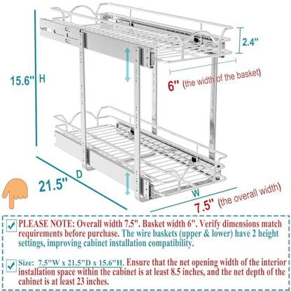 OCG 2 Tier Pull Out Cabinet Organizer (7.5" W x 21.5" D), Pull Out Drawers for Kitchen Cabinets, Pull Out Shelves for Base Cabinet Organization in Kitchen Bathroom Pantry, Chrome Finish - size: 7.5"W x 21.5"D, 2 Tier