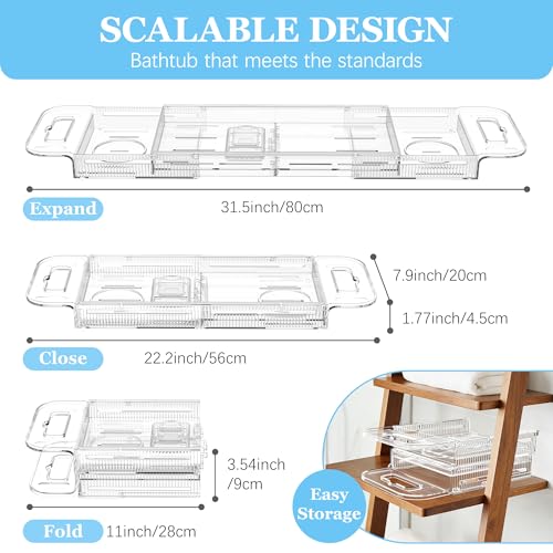 Expandable Bathtub Tray Caddy, AZ. MIFENO Clear Acrylic Bath Tray for Tub for Bath Relaxing, Foldable Bath Table Trays Luxury Spa Bathtub & Bathroom Accessories for Women Gift (Clear)