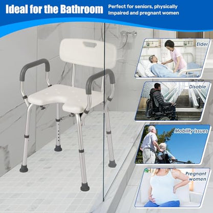 Shower Chair with Arms and Back, 330lbs Heavy Duty Bath Seat with U-Shaped Cutout, 21" Extra Wide Adjustable Shower Stool with 2 EVA Pads and Shower Head Holder, Tool-Free Assembly - color: Grey Pad-small