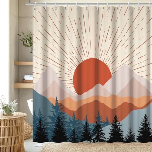Boho Sunrise Shower Curtain with Hooks for Bathroom 72x72 Inch | Waterproof Abstract Terracotta Mountain Forest Shower Curtain Set, Soft Bathroom Decor, Machine Washable - color: Abstract 024, size: 72"W x 72"L (Pack of 1)
