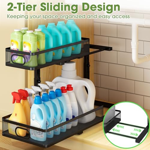 Under Sink Organizer 2-Pack, Metal 2-Tier Pull-Out Cabinet Shelf with Slide-Out Mesh Drawers, Height Adjustable, Space-Saving Under Sink Storage Racks for Kitchen, Bathroom, Laundry Room - color: Black