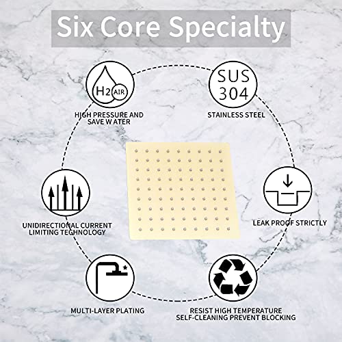 Square 6 Inch Stainless Steel Shower Head High Pressure Rainall Shower Head Brushed Gold Ultra Thin Design-Best Pressure Boosting - color: Brushed Gold, size: Square