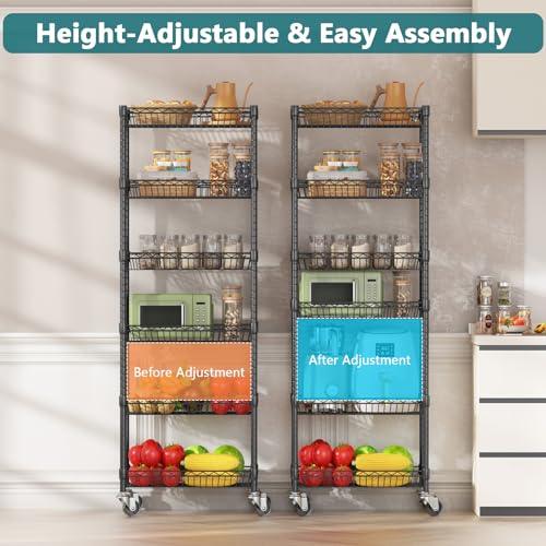 Himimi 6 Tier Rolling Storage Cart, Metal Wire Basket Rack with Wheels, Adjustable Storage Shelves Organizer Shelf for Kitchen Pantry Garage Laundry Room Bathroom, 17" W X 12" D X 63" H, Black - size: 17"W X 12"D X 63"H