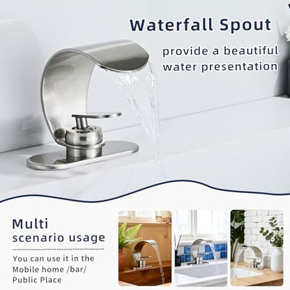Waterfall Single Hole Bathroom Sink Faucet, 304 Stainless Steel Single Handle Modern Bathroom Faucet, Snake Shape Design Basin Tap, Single Handle Basin Tap with Pop Up Drian Supply Line - color: Sliver