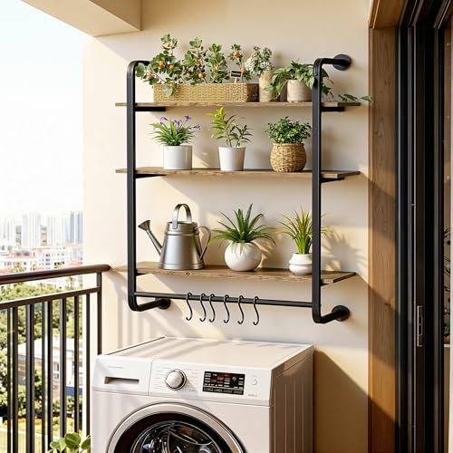3 Tier Industrial Pipe Floating Shelf, 24" Kitchen Wall Shelves | with Towel Bar & 6 Hooks, Coffee Bar Shelves Display Bookshelf Wall Shelf for Kitchen, Bathroom, Home Décor, Rustic Brown - size: 24 Inch（3 Tier）