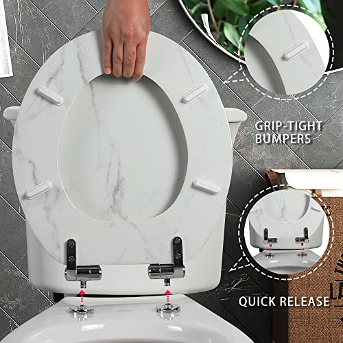 Angel Shiold ROUND Toilet Seat Molded Wood 16.5"(White Marble) | Quiet Close Quick Release Metal Hinges, Adjustable Fit for Standard Round Toilets, Easy to Install&Clean - color: White Marble-Round, size: Round-16.5“