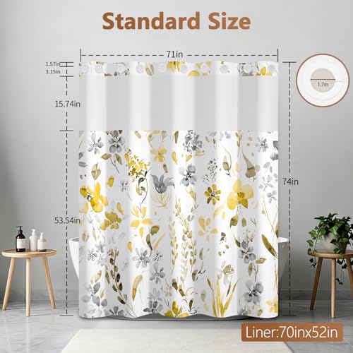 No Hook Watercolor Floral Shower Curtain with Liner, Bathroom Hook-free Shower Curtain and Snap in Liner Set, Farmhouse Waterproof Shower Curtains with Sheer Top Window and Weighted Hem, 71x74 Inches - color: Yellow Wildflower