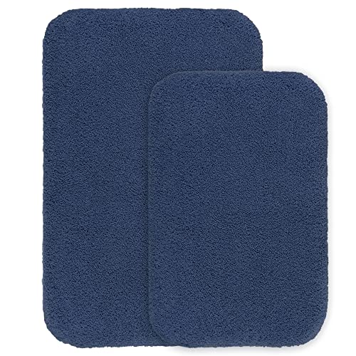 VANZAVANZU Bathroom Rug Set - 2 Piece Non Slip Extra Soft Absorbent Bath Mats - Microfiber Shaggy Thick Machine Washable (16"x24" Plus 20"x32", Navy Blue) - color: Navy Blue, size: 16"x24" Plus 20"x32"