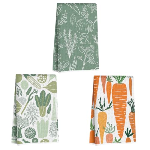 ZHAMEN 3Pcs Vegetables Kitchen Towels Carrot Waffle Absorbent Hand Towels | Carrot Garlic Eggplant Decor Microfiber Dish Cloth Tea Towel for Kitchen Farmhouse Decor, Housewarming Gifts for Women Mom - color: Multi 1355