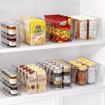 4 Pack Large Clear Plastic Storage Bins, Kitchen &Pantry Organizer | Heavy-duty 450g BPA-free PETG containers with handles for fridge, under-sink, bathroom, office, closet, and garage storage - size: 4 Large & 0 Small