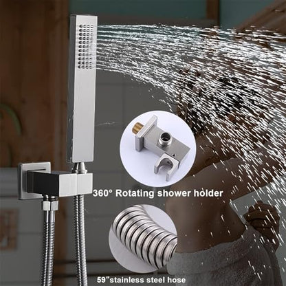 Thermostatic Full Body Shower System with Ceiling 12 inch Rainfall Shower and 8 inch Shower Head, Brushed Nickel Shower Faucet Set with Handheld Sprayer and 4 PCS Body Jet - color: Brushed Nickel, size: 12+8" Ceiling Shower
