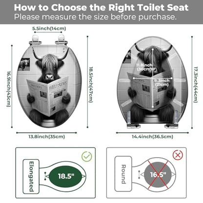 Elongated Resin Toilet Seat, Quietly Close Quick Release Hinges Cover | Toilet Lid Cover Easy to Clean and Install, Funny Bull Animal Cattle Hilarious Farmhouse Rustic Heavy Duty Toilet Seat - color: pattern1, size: V-shape