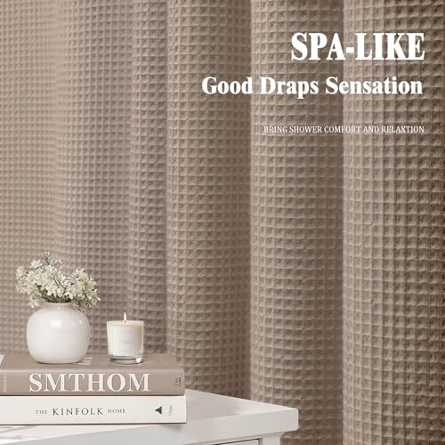 Waffle Weave Shower Curtain Heavyweight Cotton Fabric Beige 72Wx72L | Soft Cotton Cloth,3D Square Truely Waffle Washable, Hotel Luxury Spa, Shower Curtain Set for Bathroom 12 Plastic Hooks - color: Beige, size: Standard 72"W X 72"L