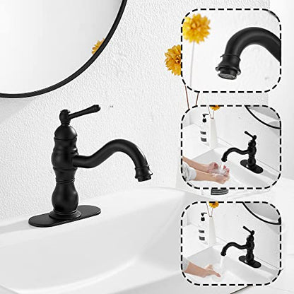 Matte Black Bathroom Faucet GGStudy 360° Swivel Bathroom Vanity Faucet Single Handle One Hole Black Bathroom Sink Faucet Basin Matching Pop Up Drain with Overflow - color: Black, size: Short