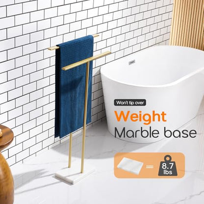 Standing Towel Racks for Bathroom 2-Tier Towel Holder Free Stand with Heavy Marble Base Brushed Gold Thicken Steady Design Stainless Steel AN7005GD - color: Brushed Gold